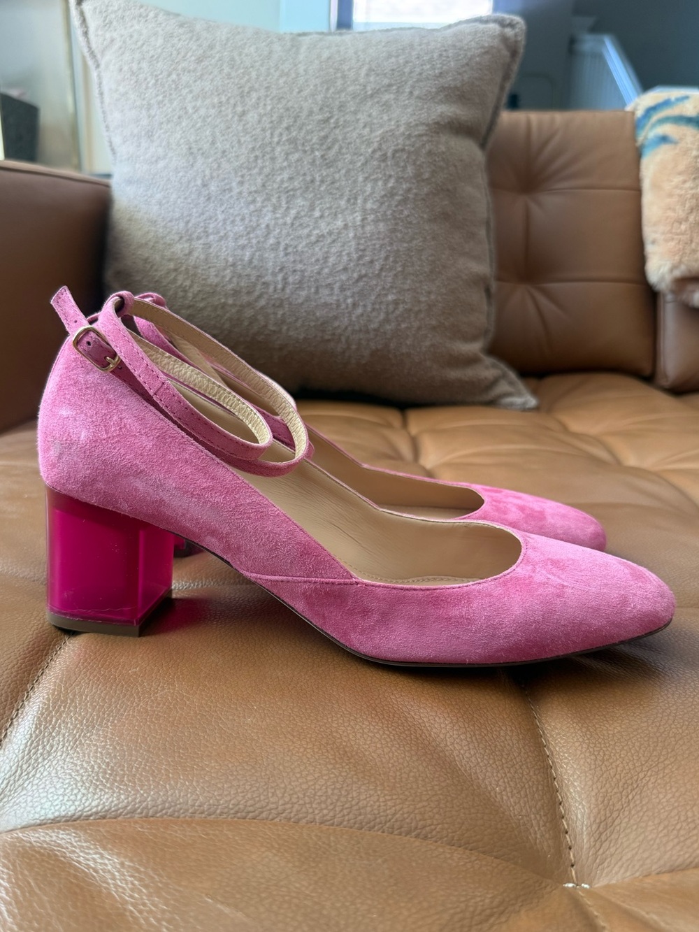 J.Crew Leonard Pink Suede Ankle Strap Block Heel Pumps Women’s Size 11